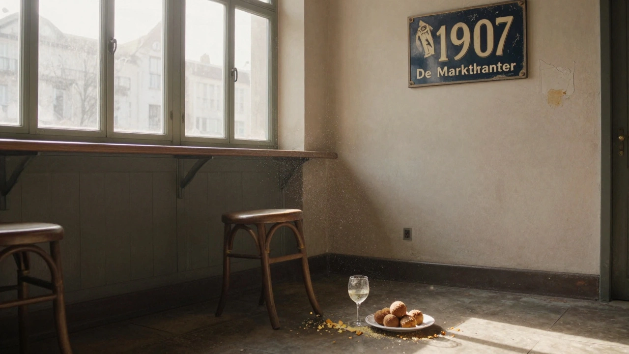 Een lege hoek van De Marktkantine na sluitingstijd, met een glas wijn en restjes bitterballen als sporen van een avond vol echte momenten.