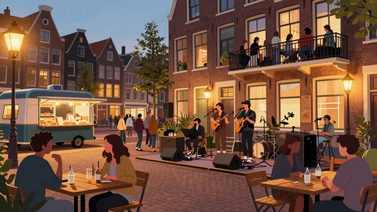 Een lokale band speelt op een pleintje in De Pijp, buurtbewoners zitten aan tafels en kijken vanuit hun balkons toe.