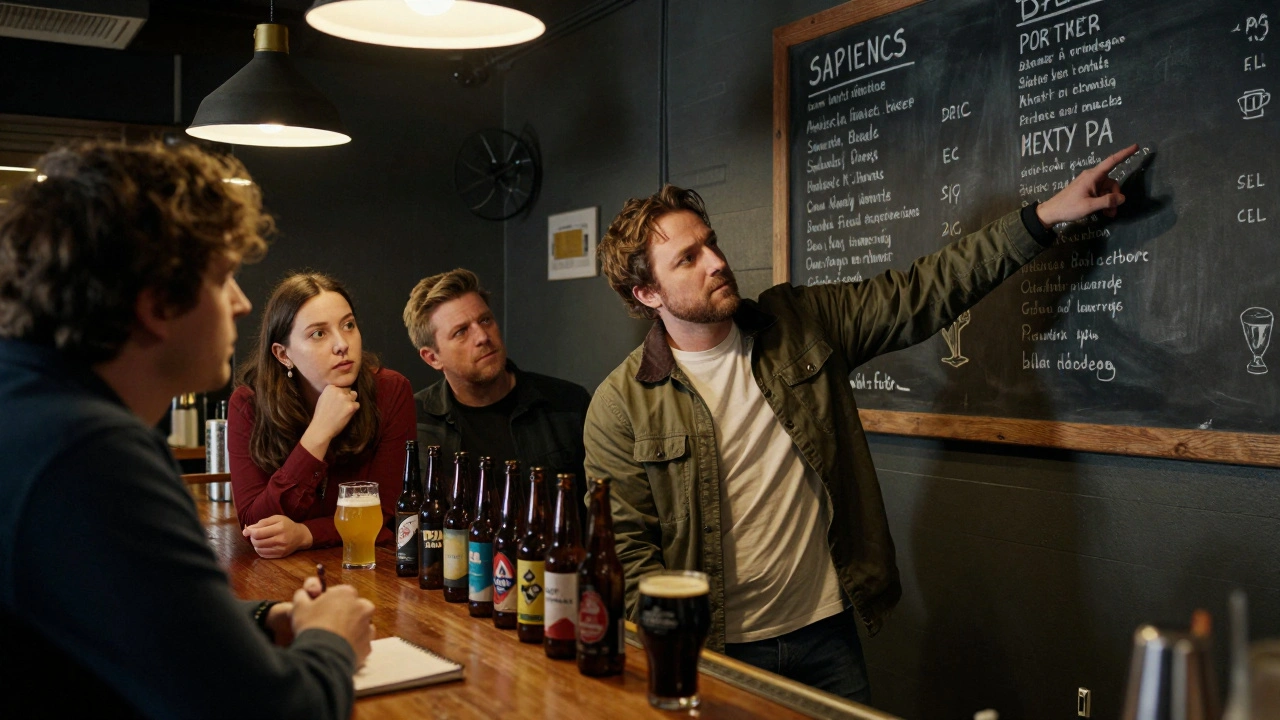 Een lokale gids laat een groep nieuwkomers een biertje zien in een gezellige Amsterdamse bar.