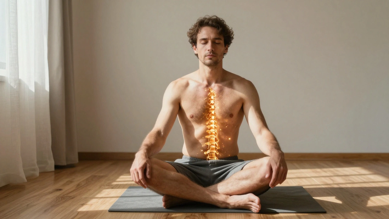 Een man in rust na een tuina-sessie, met een zichtbare warmtegolf die door zijn rug stroomt.