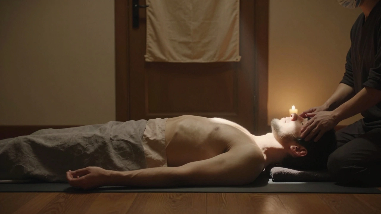 Een man ligt stil op de vloer, verlicht door een enkele lichtbundel op zijn voorhoofd, in een kamer zonder moderniteit.