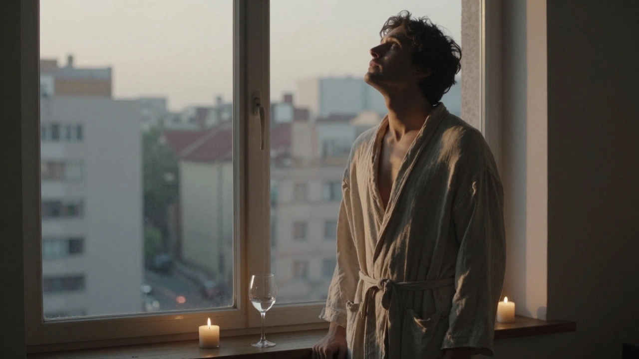 Een man staat in een ochtendlicht, met een licht gewaad, omgeven door een zachte innerlijke gloed van vrede.