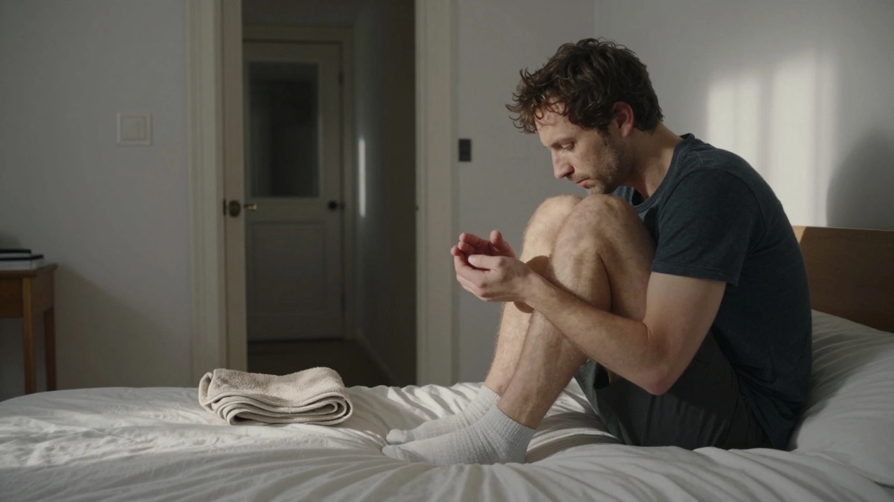 Een man zit alleen op het randje van een bed, kijkend naar zijn handen, na een diepgaande lichaamsmassage.