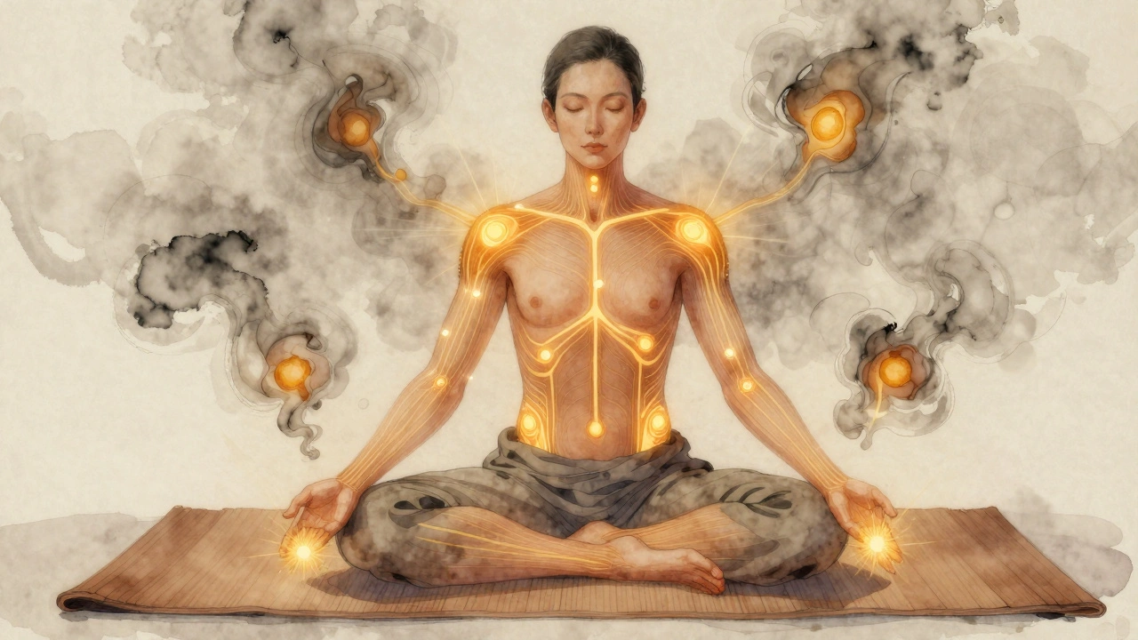 Een menselijk lichaam met gloeiende energiebanen die blokkades oplossen in warme gouden lichtbundels.