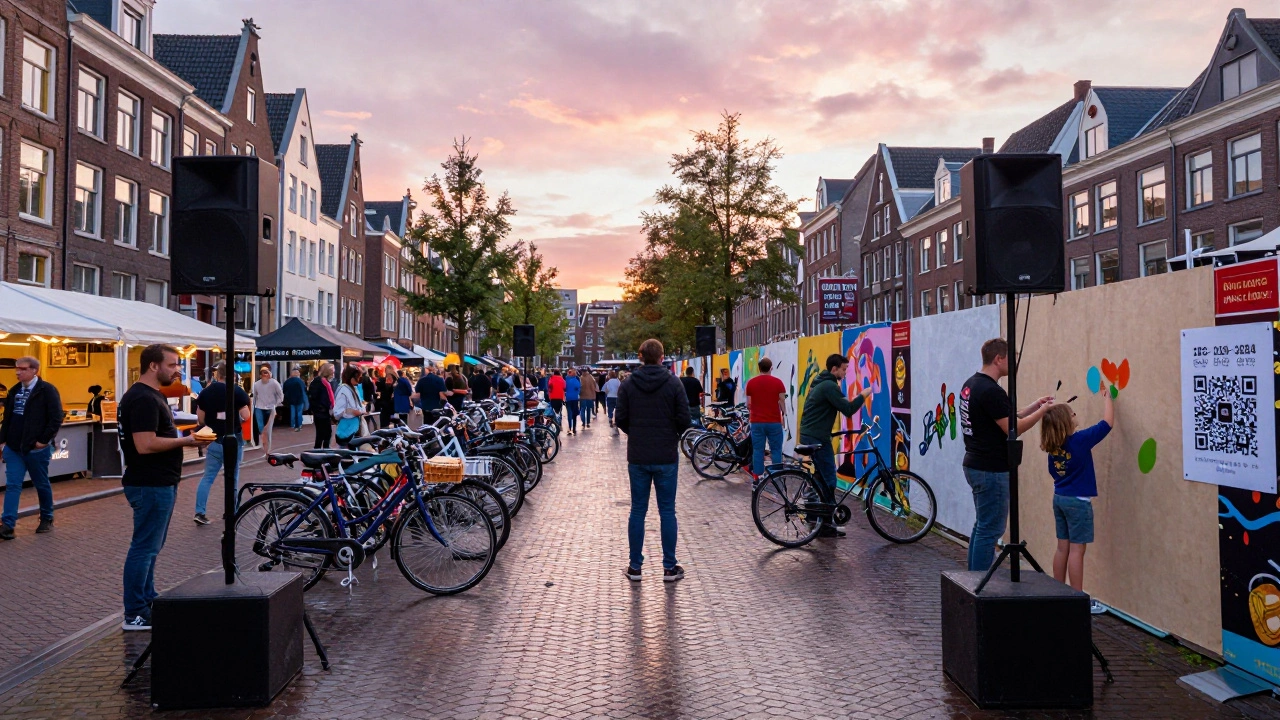 Een muziekfeest in Amsterdam met fietsenstalling, stroopwafels en kinderen die een muurschildering maken onder de avondzon.