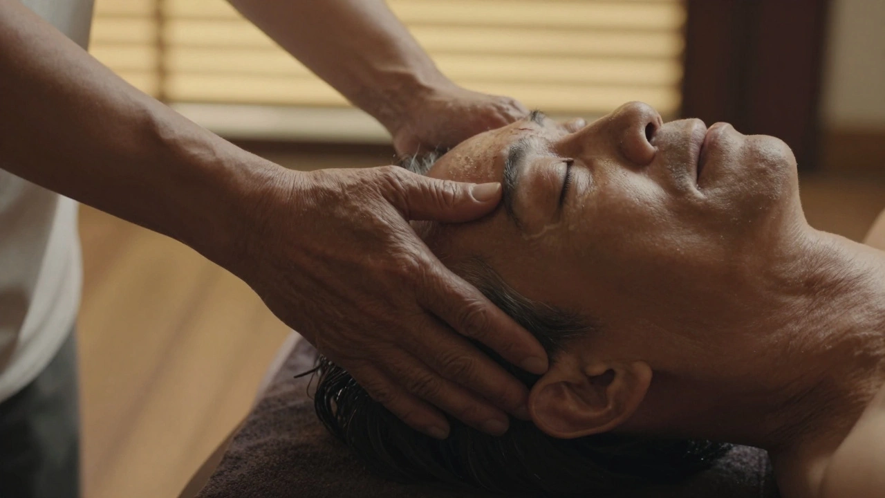 Een oudere masseur drukt zacht maar vast op de schedel van een man die tranen van bevrijding vergaat.