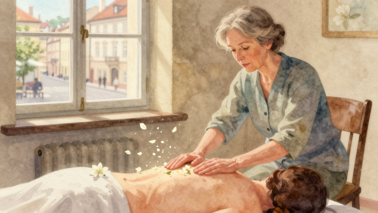 Een oudere vrouw masseert met vloeiende bewegingen, jasmijnblaadjes zweven in het licht, stilte en warmte in de kamer.