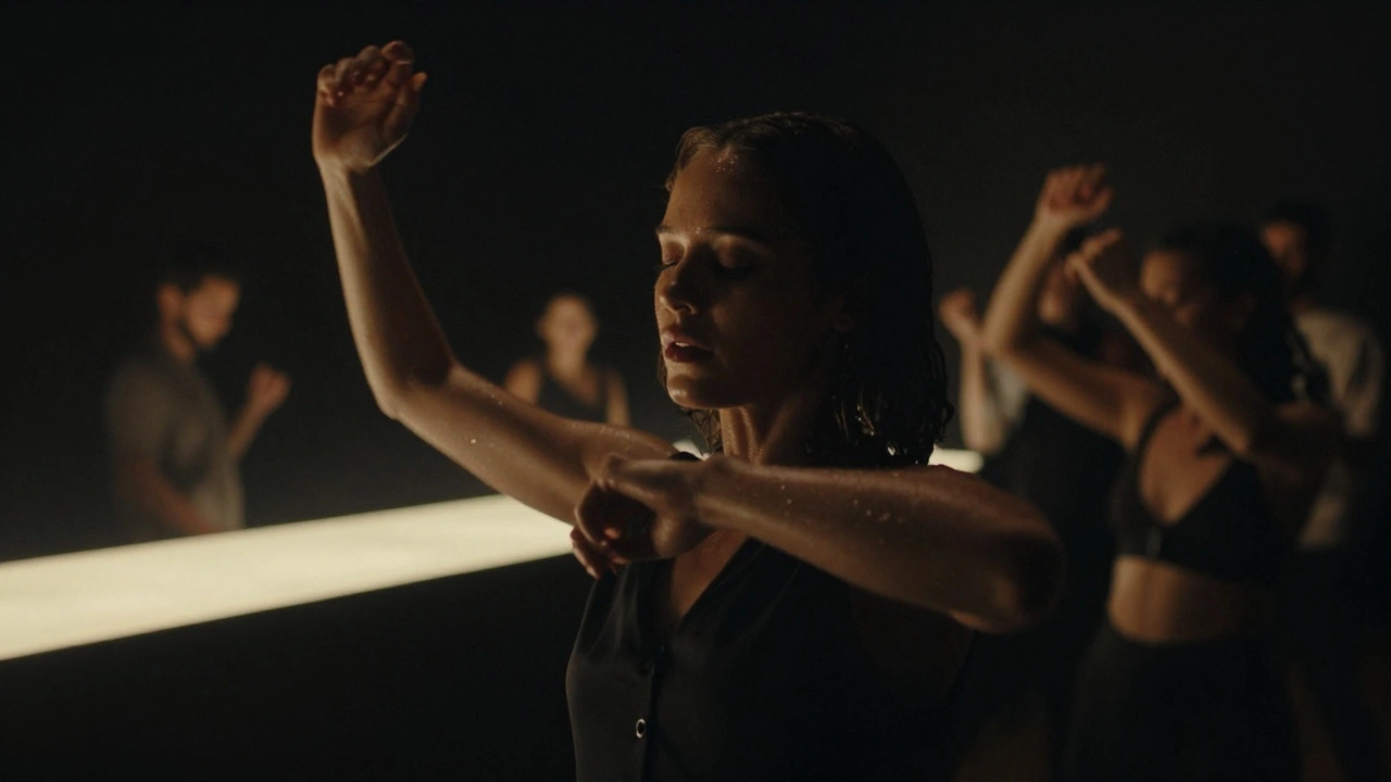 Een persoon danst alleen in het licht, ogen dicht, donkere kleding, anderen zijn onscherp in de achtergrond.