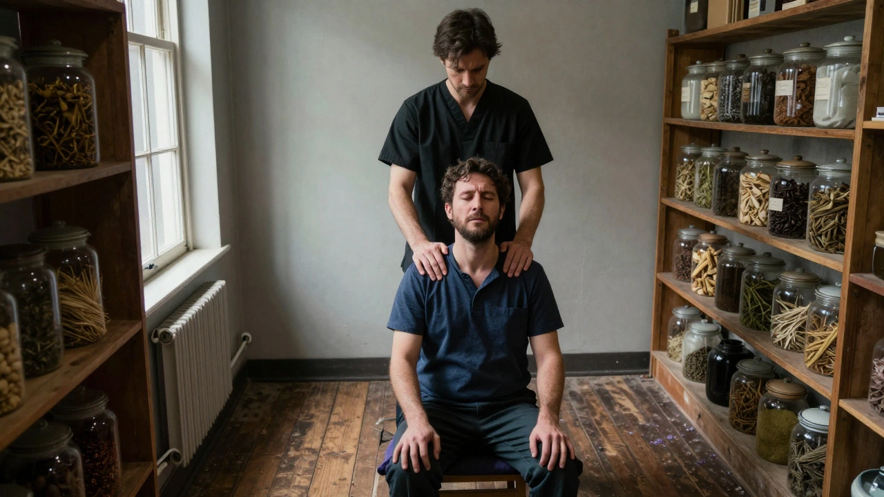 Een stille therapeut drukt met krachtige handen op de schouders van een man in een bovenkamer boven een Chinese kruidenier.