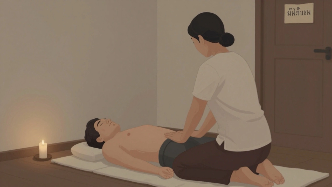 Een Thai masseur knielt achter een cliënt en gebruikt zijn voeten om de wervelkolom te masseren in een rustige, kaalde kamer.
