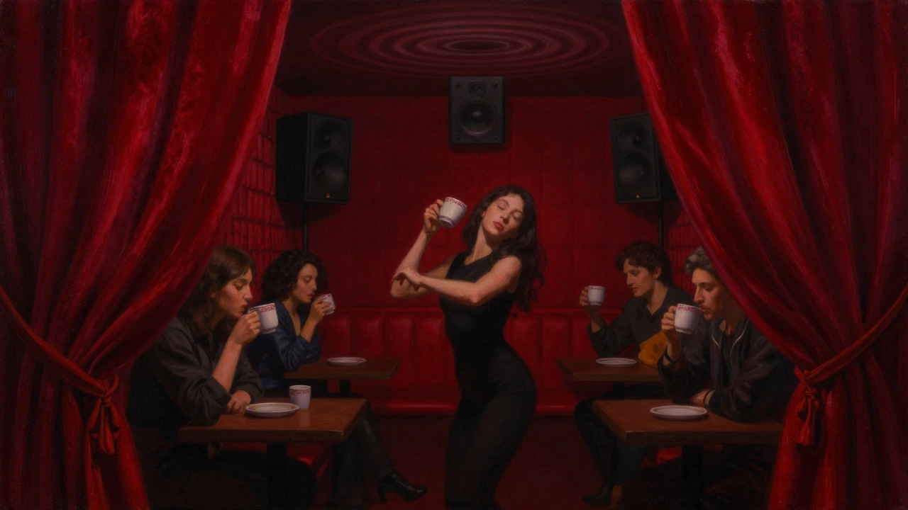 Een verborgen kamer in Club NYX met mensen die stil dansen en Jenever drinken uit keramische bekers onder rood licht.