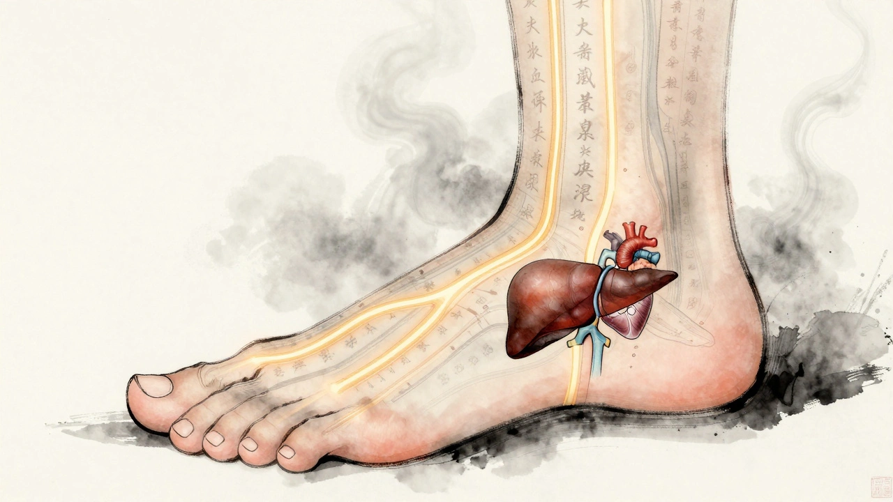 Een voet als miniatuurkaart van het lichaam met energiebanen en orgaanpunten in traditionele Chinese stijl.