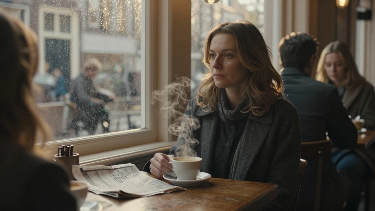 Een vrouw zit stil in een café aan de Prinsengracht, rustige blik, een krant en koffie op de tafel, verborgen diepgang.