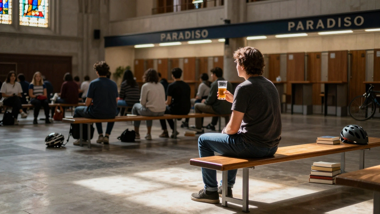 Eenzaam persoon op een bank in Paradiso, met een biertje en zonlicht door glas-in-lood ramen.