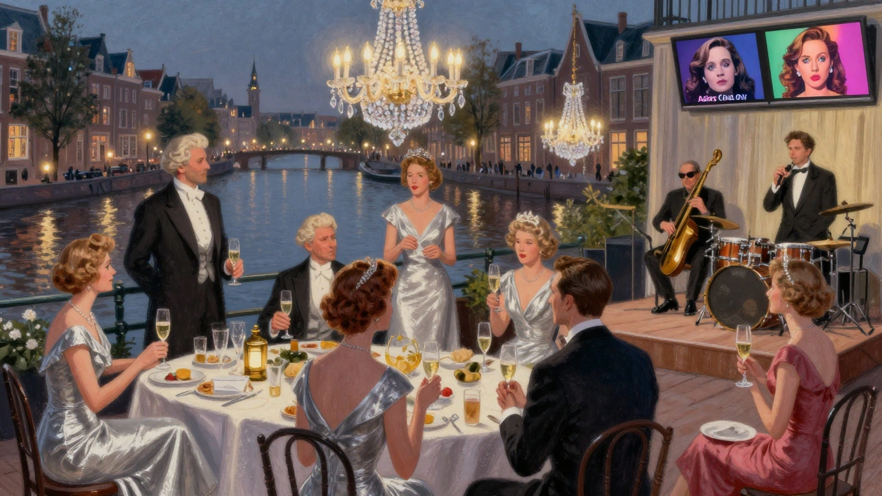 Elegante gasten in Britse formaliteit dansen op een dak in Amsterdam met jazzband en chandeliers onder de avondhemel.