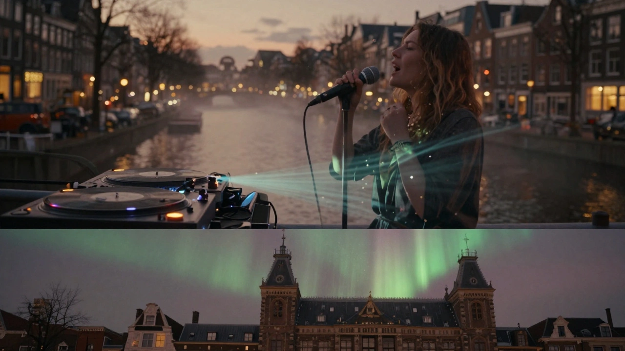 Emotional journey of Amsterdam’s night: vinyl, soundwaves, and vocal energy dissolving into light above Westerunie.