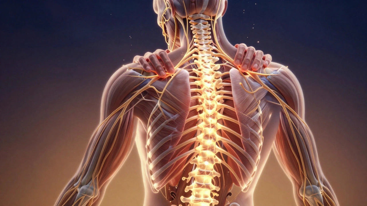 Glowend lichaam met spanningen die loskomen als draden, in een surrealistische, anatomisch nauwkeurige stijl.