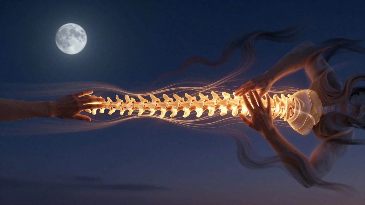 Glowing spine with tension dissolving into light, shadows of stress fading as moon rises in background.
