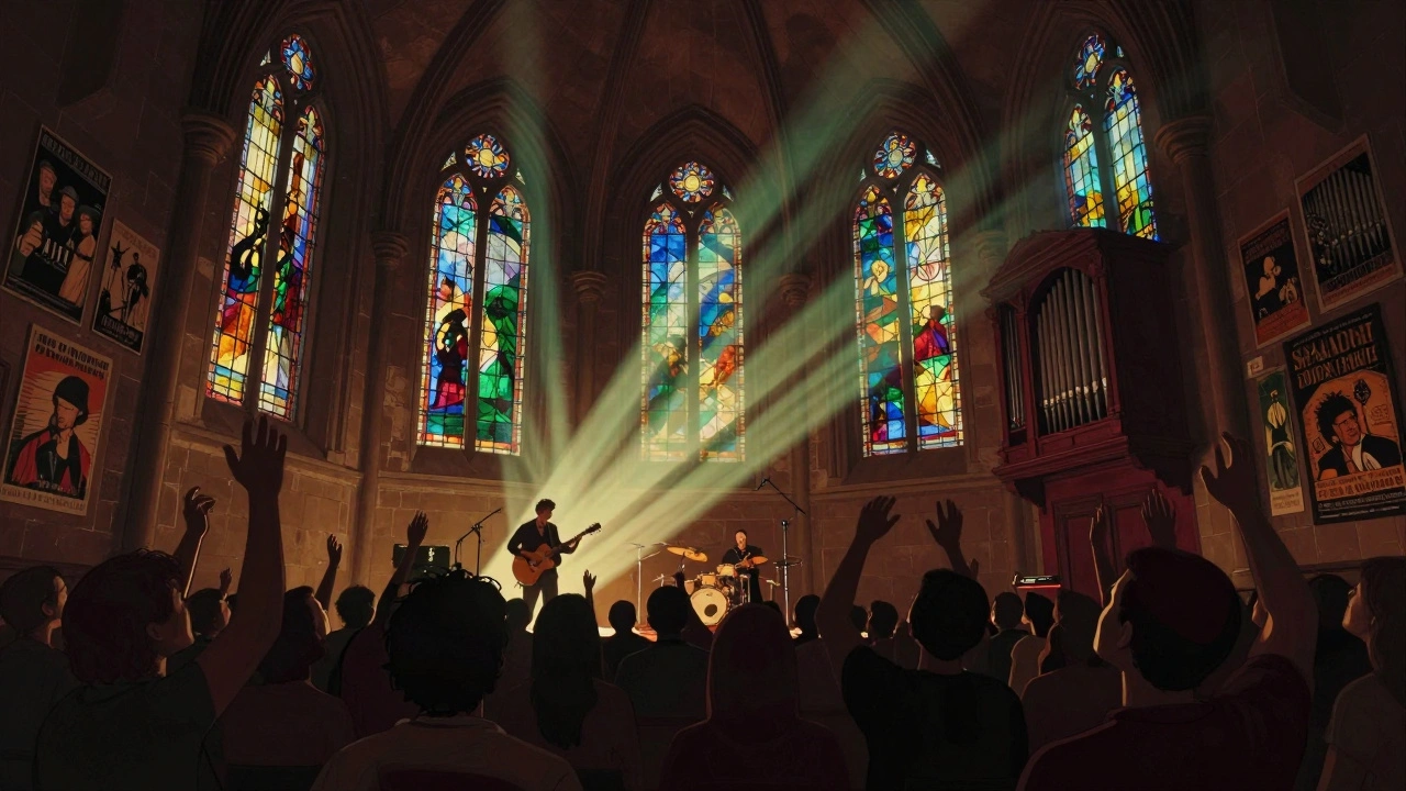 Interior of Paradiso during a concert, vibrant light beams dancing on stained glass as an audience loses themselves in music.
