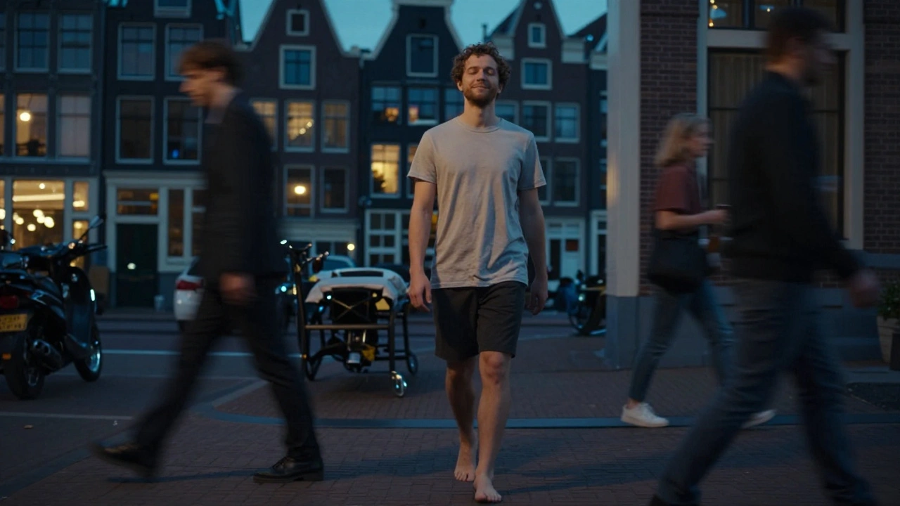 Man loopt rustig uit een massagestudio, ontspannen, terwijl de drukke stad achter hem onscherp blijft.