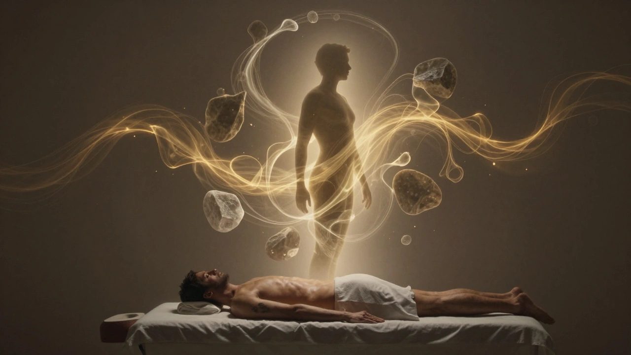 Man stijgt op van de tafel, omringd door vervaagde stenen en gouden energie als symbool van verlichting.