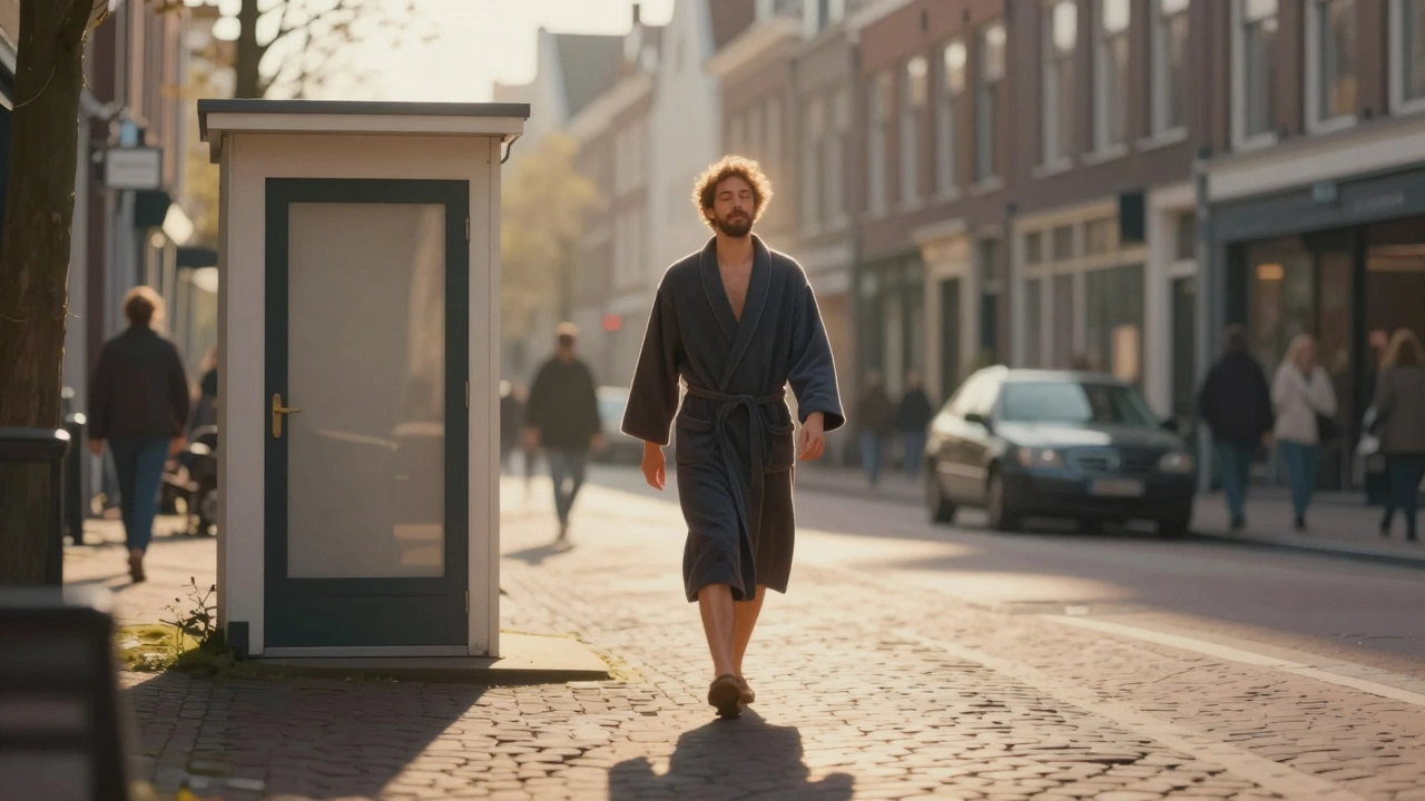 Man verlaat een wellnessstudio, ontspannen en kalmerend licht, stad achter hem in de achtergrond.