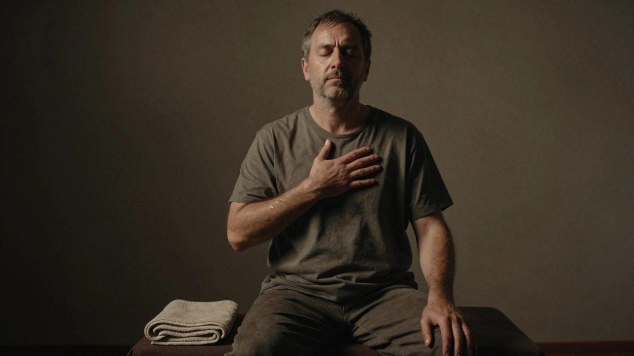 Man zit stil na een massage, ogen dicht, hand op borst, geen telefoon, alleen rust en herstel.