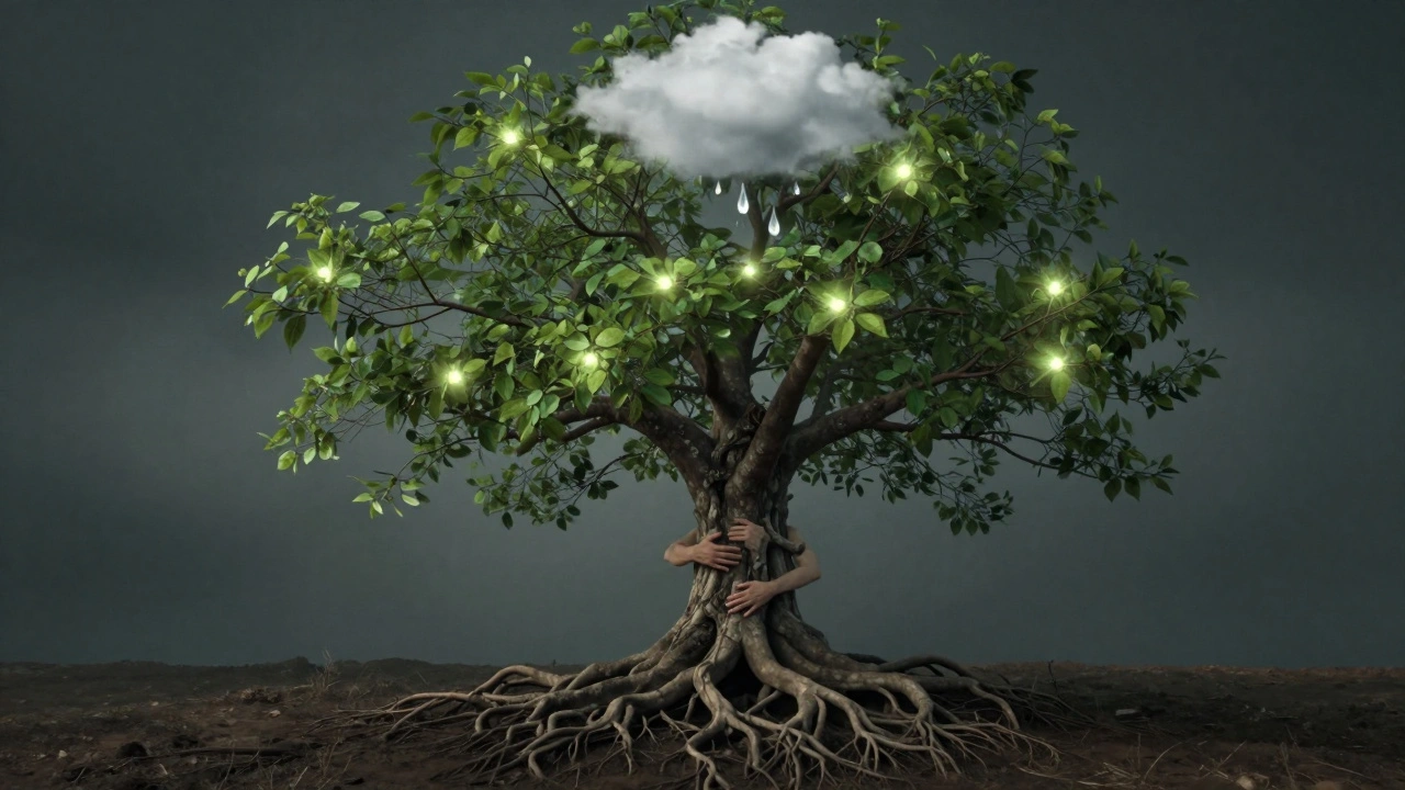 Menselijk lichaam als oude boom waarvan de bladeren loskomen van spanning, veranderend in mist onder zachte aanraking.