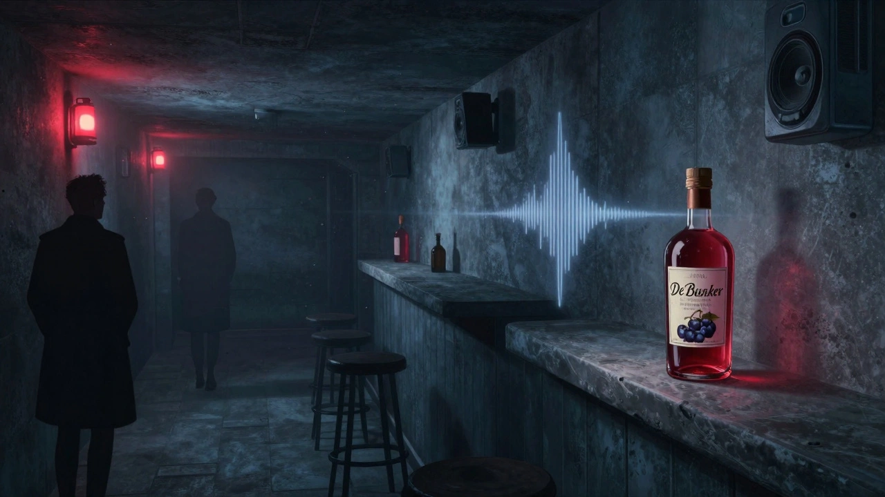 Ondergrondse bar in een oorlogsbunker met donkere betonmuren en silhouetten van gasten onder rood licht.