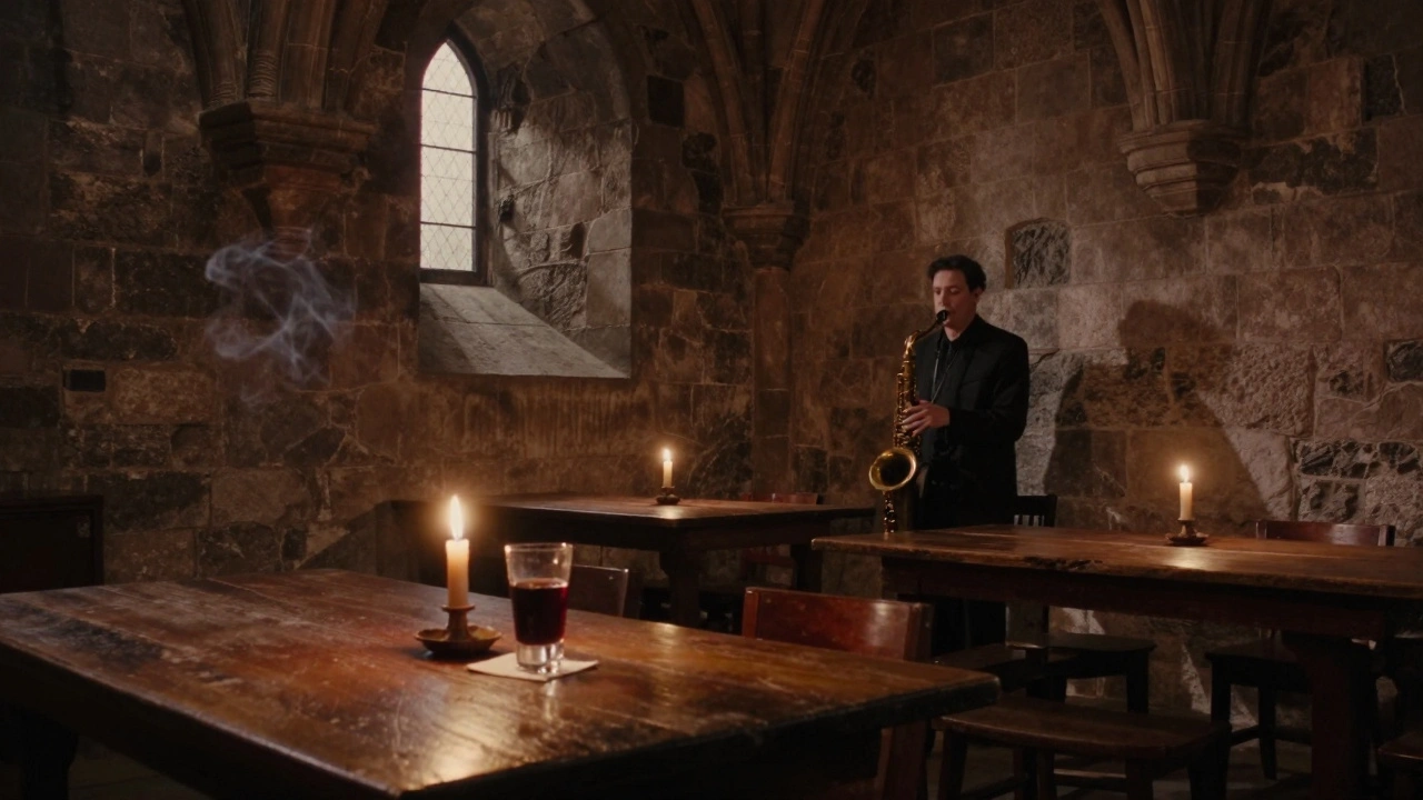 Oude klokkentorenbar met jazzmuzikant, kaarslicht en houten tafels in een 13e-eeuws gebouw.