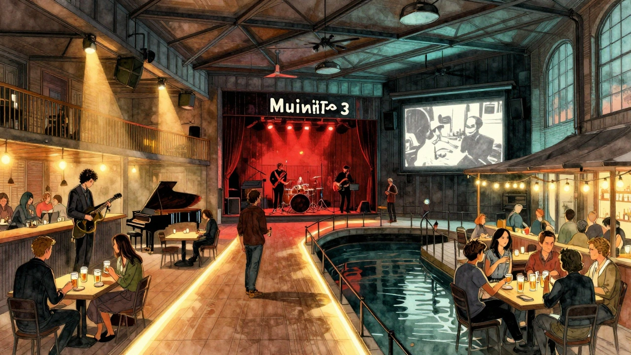 Panoramisch beeld van de vijf zalen van Melkweg met verschillende muziekstijlen en sfeer, geïllustreerd in waterverfstijl.