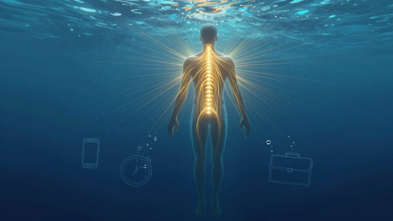 Silhouet van een mens met gouden lichtstralen uit de rug, stresssymbolen verdwijnen als bellen in water.