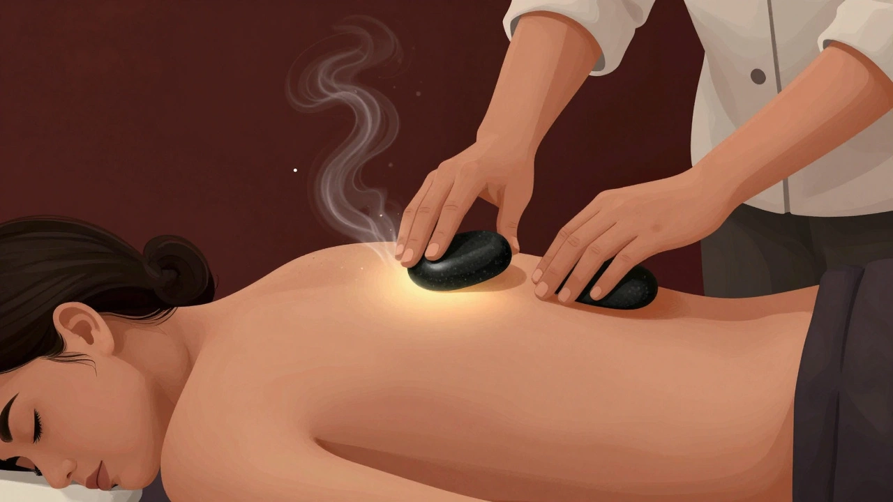 Therapeut glijdt een warme steen langs de rug van een cliënt met essentiële oliën in de lucht.