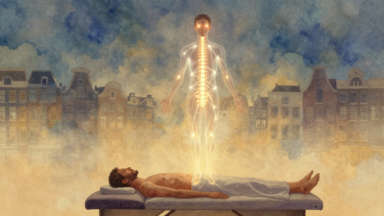 Transparante man die opstaat van een massagebank, lichtdraden verbinden zijn lichaam met zijn ziel.