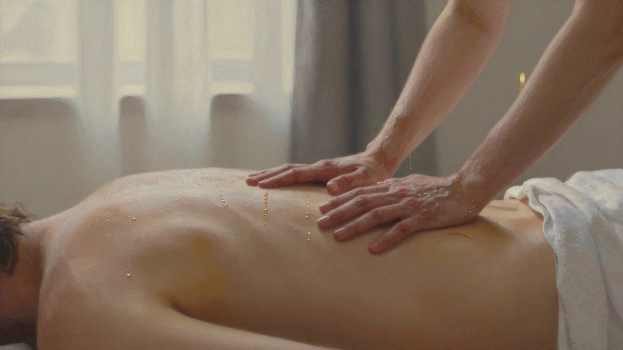 Vrouwenhanden op een mannelijke rug tijdens een massage, zachte lichtval, intensiteit zonder gezicht.