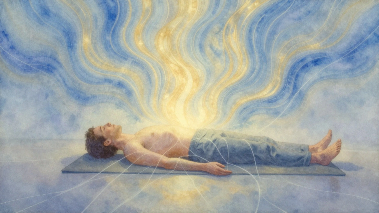 Abstrakte energiewervels stralen uit een liggende man, symboliseren loslating en rust, geen lichamen, alleen licht.