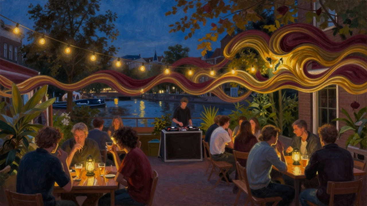 Achtertuin van De Marktkantine in de zomer, met mensen die bij lantaarnlicht bier drinken terwijl een live-DJ speelt en muziek als zichtbare golven door de lucht vloeit.