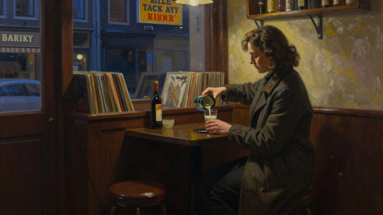 Barkeeper die Jenever serveert in een rustige hoek van een Amsterdamse bar, buiten de regen.