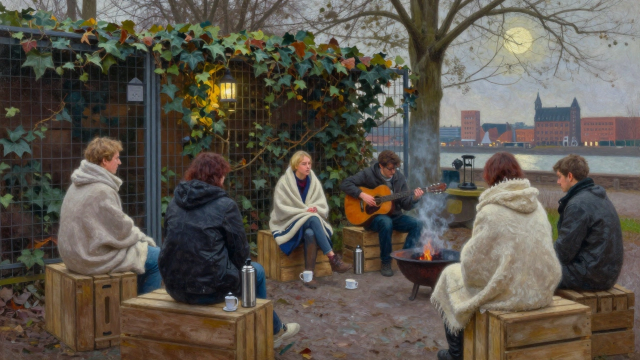 Buitenruimte achter De Marktkantine met mensen op kisten, een gitaar en thee in de maanlichtnacht.