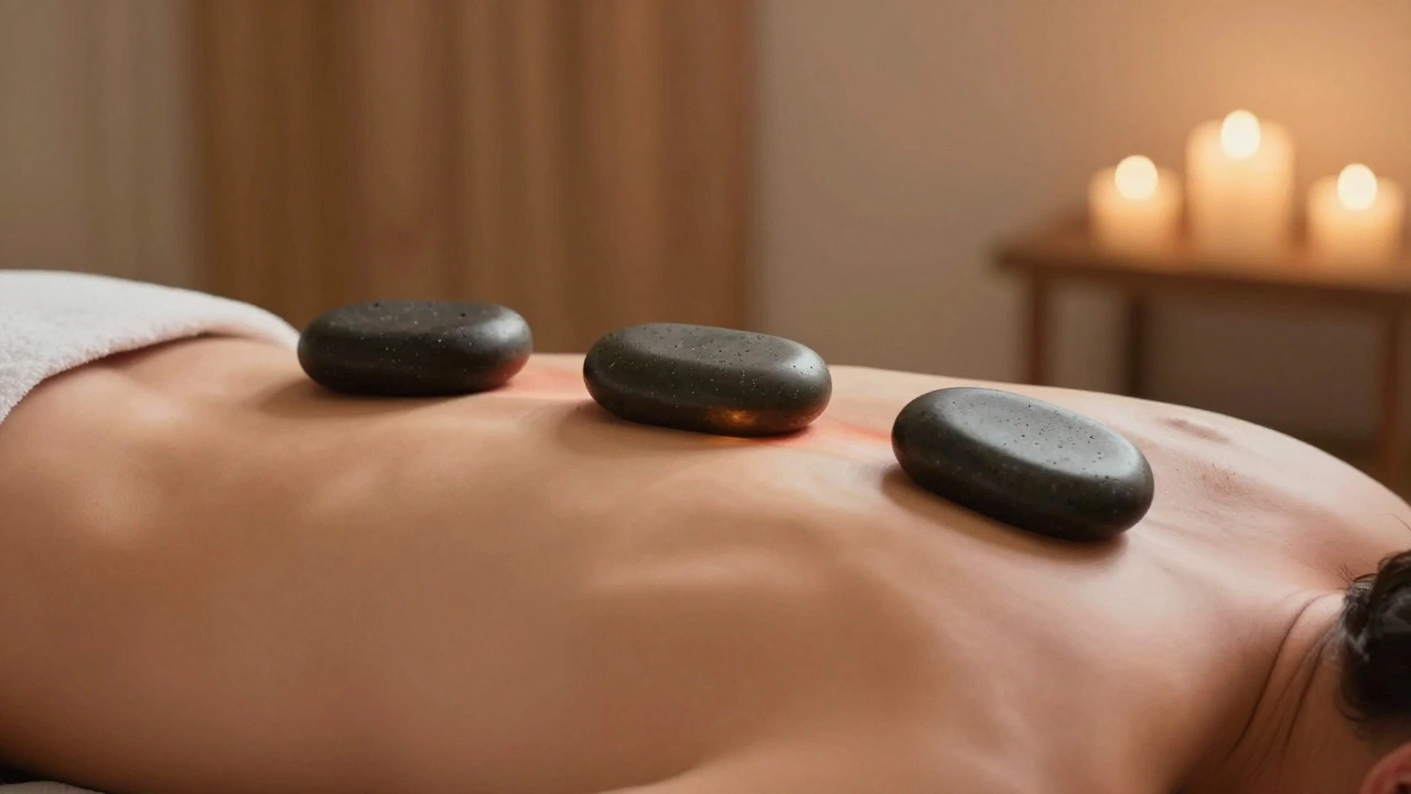 Close-up van warme basaltstenen die langzaam over gespannen spieren glijden, met een uitstraling van diepe ontspanning.