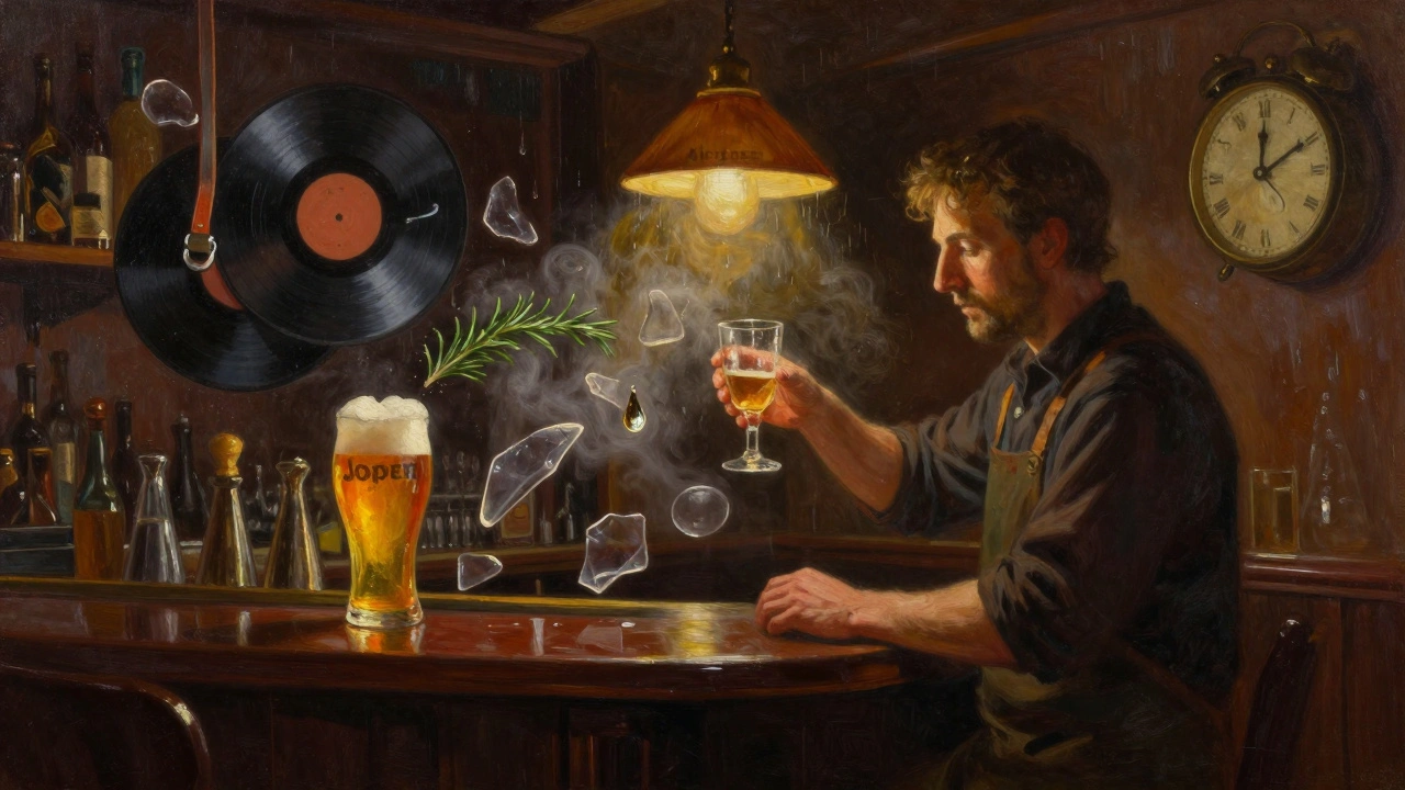 Conceptuele afbeelding van een barkeeper met symbolen van tijdloosheid: bier, plaat, regen en een klok zonder wijzers.