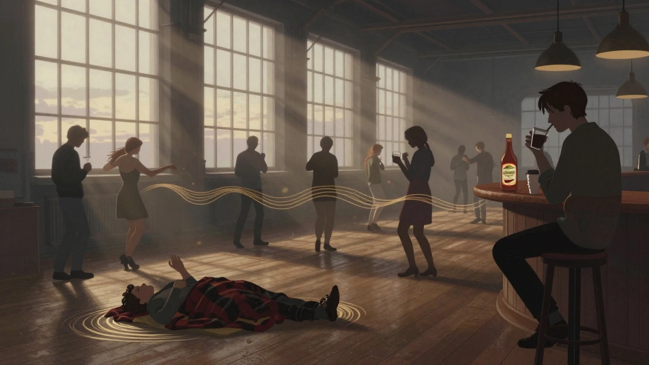 Dawn light streaming into Westerunie, people dancing slowly with coffee cups and blankets.