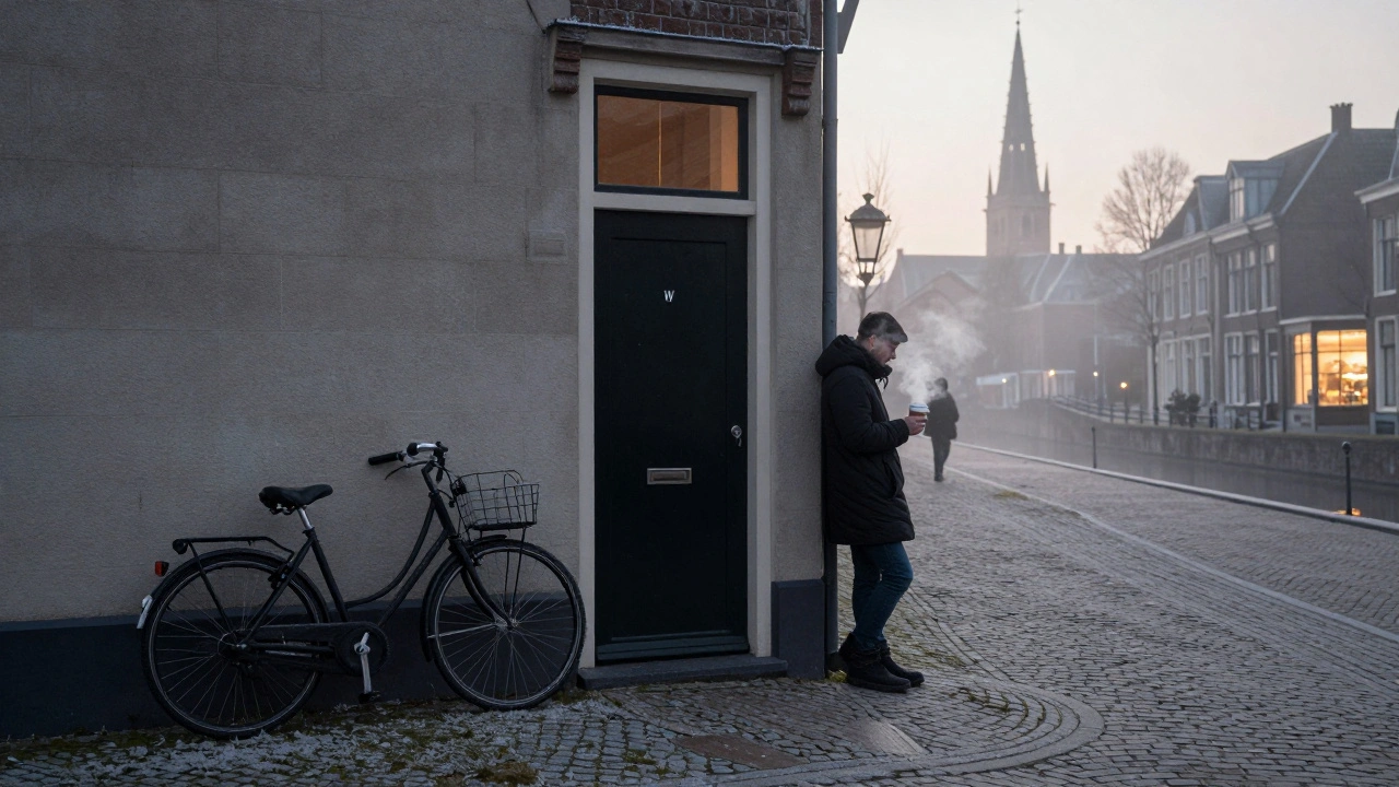 De onopvallende ingang van Westerunie bij zonsopgang, met een fiets en een koffiebeker.