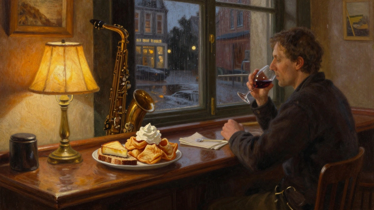 Een gast bij de bar in Café de Jaren met kaasbroodje en poffertjes, onder zacht licht en jazzmuziek.