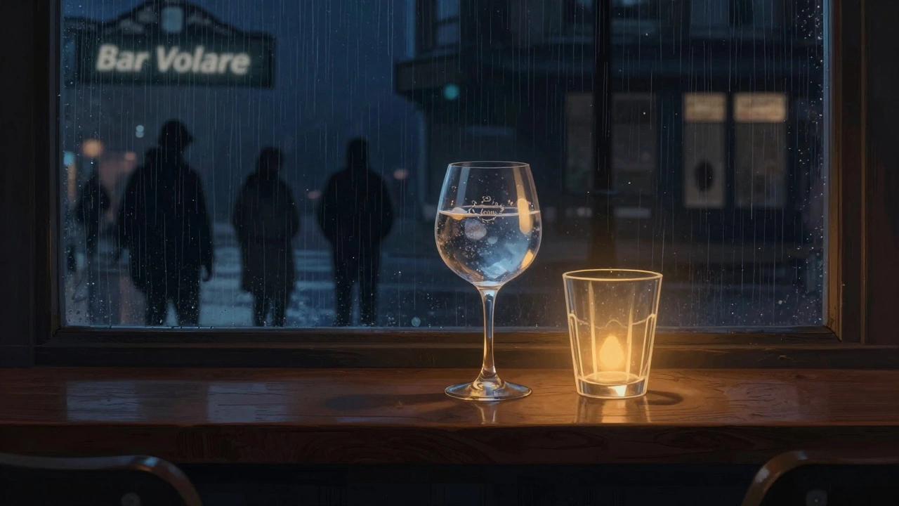 Een glas gin met een tweede, lichtgevende lege glas op de bar, symbolisch voor een goedbedoeld gebaar.