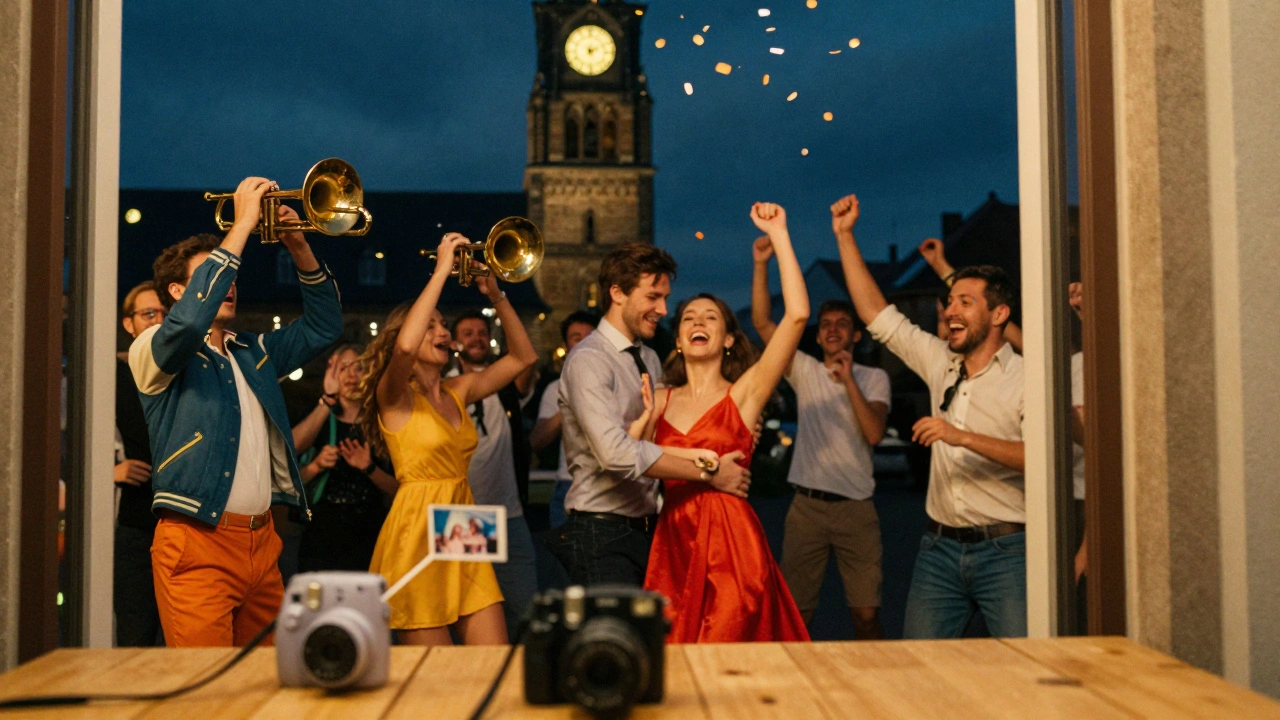 Een live brassband stormt de dansvloer binnen terwijl gasten schreeuwen en een instantcamera een foto uitspuwt.