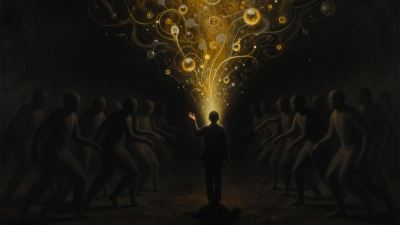 Een persoon in het donker, omringd door bewegende silhouetten, met lichtstralen die neurochemische genezing symboliseren.