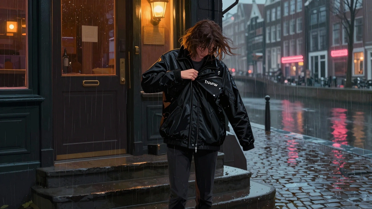 Een persoon trekt een zwarte jas uit op de trap voor een Amsterdamse technoclub, regen druipt van de stenen, de clubverlichting verlicht de scène zacht.