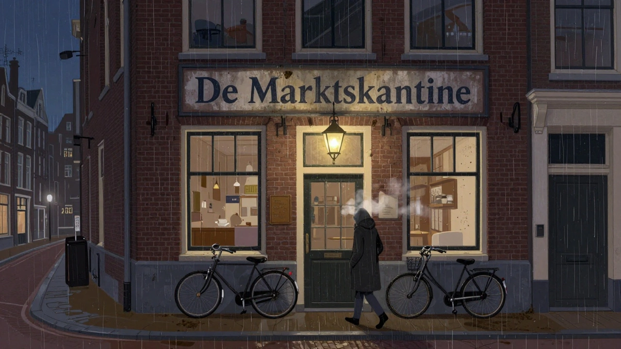 Exterieur van De Marktkantine op middernacht, met fietsen tegen de muur en een enkele persoon die naar de ingang loopt onder een zachte lamp.