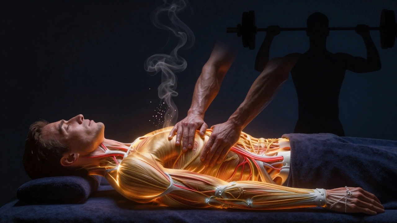 Glowend lichaam na massage, bloedcirculatie en ontspanning van zenuwen in symbolische beeldtaal.